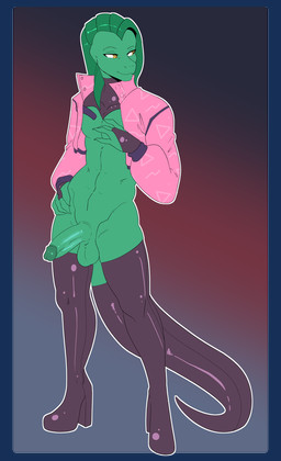 anthro balls biped genitals glans green_body humanoid_genitalia humanoid_penis male penis solo tail munkeesgomu jacketlizard lizard reptile scalie hi_res