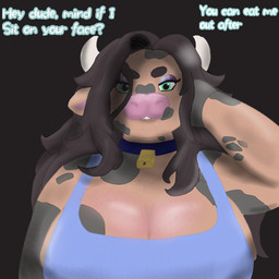 anthro big_breasts breasts brown_hair cleavage clothed clothing collar cowbell eyeshadow facesitting_request female hair hand_in_hair imminent_facesitting looking_at_viewer makeup requesting sex_request side_boob solo talking_to_viewer text touching_hair avulara larissa_(avulara) bovid bovine mammal 1:1 english_text hi_res