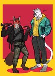 anthro athletic athletic_anthro athletic_male biped black_eyes countershade_fur countershading duo fur looking_at_viewer male orange_body orange_fur standing white_body white_countershading white_fur milatora1 canid canine felid fox mammal pantherine tiger 2024 hi_res