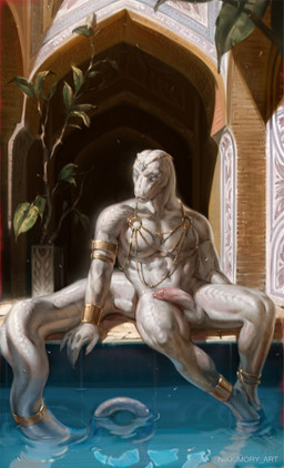 accessory anklet anthro armlet balls biped bracelet day front_view furgonomics genitals glans half-erect humanoid_genitalia humanoid_penis inside jewelry jewelry_only long_tail male muscular muscular_male navel partially_submerged pecs penis ring sitting solo tail tail_accessory tail_jewelry tail_ring water white_body nikkimory reptile scalie snake 2024 hi_res
