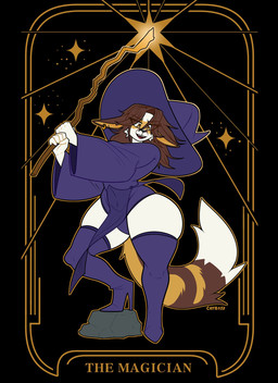 ambiguous_gender anthro art_deco boots brown_body brown_fur brown_hair card clothed clothed_ambiguous clothed_anthro clothing dipstick_tail ear_piercing ear_ring eyebrows eyelashes footwear four_pointed_star fur hair hat headgear headwear high_heeled_boots high_heels holding_object holding_staff legwear long_hair major_arcana markings multicolored_tail open_mouth piercing purple_clothing purple_hat purple_headwear purple_legwear purple_robe purple_thigh_highs ring_piercing robe rock shoes simple_background solo squish staff standing star stick tail tail_markings tarot tarot_card text the_magician_(tarot) thick_thighs thigh_highs thigh_squish white_body white_fur wizard_hat wizard_robe yellow_body yellow_eyes yellow_fur catboyz travis_(bonzi) canid canine fox mammal marble_fox red_fox true_fox 2026 digital_drawing_(artwork) digital_media_(artwork) english_text hi_res signature male_(lore)