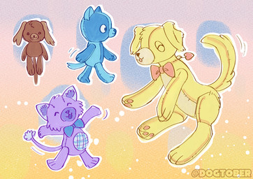 ambiguous_gender anthro blue_body bow_ribbon brown_body eyes_closed group happy plushie purple_body tail tail_motion tailwag walking yellow_body dogtober animate_inanimate canid canine domestic_cat felid feline felis living_plushie mammal