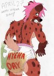 anthro clothed clothing diaper diaper_only feces female full_diaper fur hair simple_background soiled soiled_diaper solo stink_fumes tail text topless unclean_diaper used_diaper wearing_diaper tishitathebaby hyena mammal english_text hi_res traditional_media_(artwork)