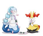 ambiguous_gender anthro duo eating feral fur inner_ear_fluff tuft yellow_body yellow_fur dlrowdog nintendo pokemon braixen canid canine generation_6_pokemon generation_7_pokemon mammal marine pinniped pokemon_(species) primarina