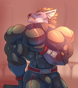 age_difference aged_up anthro barazoku belt black_clothing bulge clothed clothing genitals hair holding_object looking_down male mature_anthro muscular muscular_anthro muscular_male nipples older_anthro pec_grab pecs solo tight_clothing pinumontbalou power_rangers power_rangers_spd anubis_cruger doggie_kruger alien canid canine canis domestic_dog mammal hi_res