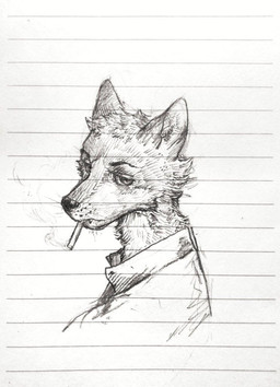 anthro cigarette cigarette_in_mouth cigarette_smoke clothed clothed_anthro clothed_male clothing ears_up eyebrows fur looking_at_viewer male object_in_mouth shirt smoke smoking smoking_cigarette solo topwear reynard_goodfellow canid canine canis mammal wolf headshot_portrait monochrome portrait