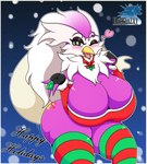 2022 anthro avian big_breasts big_butt black_eyes blazkenzxy blush breasts butt christmas clothed clothing condom delibird digital_drawing_(artwork) digital_media_(artwork) english_text feathers female fur generation_2_pokemon hair heart_symbol hi_res holidays holly_(plant) huge_breasts huge_thighs hyper hyper_breasts hyper_thighs long_hair looking_at_viewer multicolored_body multicolored_feathers neck_tuft nintendo one_eye_closed open_mouth partially_clothed plant pokemon pokemon_(species) purple_body purple_feathers sexual_barrier_device shiny_pokemon signature solo text thick_thighs tight_clothing tuft white_body white_feathers wink