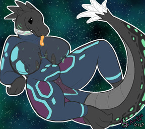 anthro anus big_breasts bodily_fluids breasts clothed clothing digitigrade female genitals grey_body markings skinsuit slightly_chubby slightly_chubby_female solo space spikes spikes_(anatomy) tail thick_tail thick_thighs tight_clothing tongue tongue_out unusual_anatomy unusual_tail vulva snapps rain_world videocult alien hybrid lizard lizard_(rain_world) reptile scalie aliasing digital_media_(artwork) signature