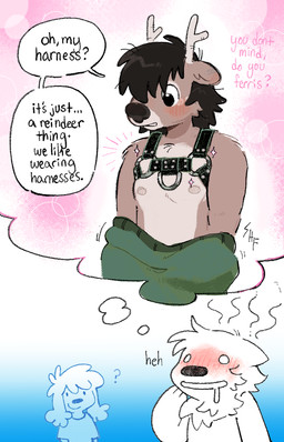 anthro athletic athletic_anthro athletic_male blush blush_lines bodily_fluids brown_body brown_hair cheek_tuft chest_harness chest_tuft clothed clothing confusion dialogue dot_eyes drooling duo facial_tuft fantasizing fluffy fluffy_ears green_clothing green_sweater green_topwear hair hand_on_chin harness horn imagination looking_at_another male male_anthro nipples red_blush removing_shirt saliva shirt shy simple_eyes smile snout sparkles speech_bubble steam sweater t-shirt text thinking thinking_about_another thought_bubble topless topless_anthro topless_male topwear tuft undressing kint normalsville ferris_(normalsville) harrod_(normalsville) leo_(normalsville) canid canine canis deer domestic_dog mammal new_world_deer poodle reindeer colored english_text