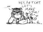 annoyed dialogue duo male text petname fat_cat domestic_cat felid feline felis mammal mouse murid murine rodent 4:3 english_text monochrome