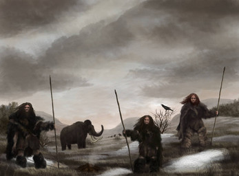 biped feral grass group hair long_beard long_hair melee_weapon plant polearm prehistoric_clothing proboscis_(anatomy) quadruped realistic realistic_feral snow spear trio_focus trunk_(anatomy) tundra tusks weapon mihin89 ambient_bird archaic_human elephantid hominin mammal mammoth neanderthal prehistoric_species primate proboscidean woolly_mammoth 2016 detailed