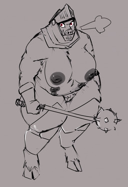 angry anthro armor belly big_belly big_breasts breasts female front_view genitals headgear helmet holding_melee_weapon holding_object holding_weapon melee_weapon multi_nipple nipples overweight overweight_anthro overweight_female plate_armor red_eyes solo spiked_mace tusks vulva weapon doctordj uloth mammal suid suine sus_(pig) wild_boar hi_res sketch