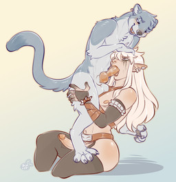 anthro anthro_penetrating anthro_penetrating_humanoid armwear balls biped black_armwear black_bottomwear black_bridal_gauntlets black_clothing blue_eyes bottomwear bridal_gauntlets clothing digitigrade duo ear_clip ear_piercing ear_ring erection femboy fur genitals grey_body grey_fur half-closed_eyes hand_on_head humanoid_on_anthro humanoid_penetrated humanoid_pointy_ears knot knotted_penis larger_humanoid larger_penetrated makeup male male/male male_penetrated male_penetrating male_penetrating_male mascara narrowed_eyes oral oral_penetration penetration penile penile_penetration penis penis_in_mouth piercing pointy_ears ring_piercing running_makeup running_mascara sex size_difference kidcub atlas_(tasla_venhyle) ive_(tasla_venhyle) humanoid mammal mustelid musteline stoat true_musteline weasel hi_res