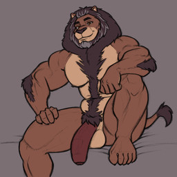 anthro arm_tuft balls beard black_hair body_hair brown_body brown_fur chest_hair elbow_tuft erection facial_hair foreskin fur genitals grey_background greying_hair hair half-closed_eyes happy_trail humanoid_genitalia humanoid_penis male mane mane_hair muscle_tone muscular muscular_anthro muscular_male narrowed_eyes nude pecs penis simple_background smile solo tail tail_tuft tuft vein veiny_penis kostos_art perceval_(kiyomi) felid lion mammal pantherine 1:1 hi_res