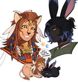 accessory alternate_species anthro black_body black_claws black_fur black_hair black_nose black_skin blush blush_lines braided_hair brown_hair choker circlet claws dipstick_ears dipstick_tail duo ear_markings face_lick feather_in_hair female feral fur green_eyes hair hair_accessory jewelry licking loose_feather male male/female markings multicolored_ears necklace pendant personal_grooming pink_inner_ear pupils simple_background social_grooming tail tail_markings tan_body tan_fur tan_inner_ear text thought_bubble tongue white_background yellow_eyes battleguitar final_fantasy final_fantasy_xiv square_enix erenville wuk_lamat felid hrothgar humanoid lagomorph leporid lion mammal pantherine rabbit viera 2025 colored colored_line_art digital_drawing_(artwork) digital_media_(artwork) english_text shaded shaded_line_art