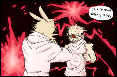 anthro blood blood_on_face blush blush_lines bodily_fluids clothed clothing duo fight humor male speech_bubble text wound_on_face wounded toastedeh chiikawa jujutsu_kaisen rakko_(chiikawa) ryu_ishigori usagi_(chiikawa) yuta_okkotsu lagomorph leporid mammal mustelid otter rabbit meme