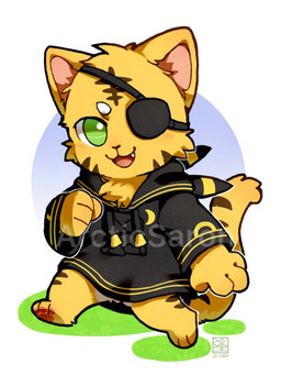 anthro black_clothing black_topwear bottomless brown_body brown_fur chibi clothed clothing front_view fur glistening glistening_eyes green_eyes head_tuft male no_pupils open_mouth open_smile pawpads simple_background smile solo text topwear tuft white_body white_fur yellow_body yellow_clothing yellow_fur yellow_topwear asnnonaka felid mammal 2017 3:4 artist_name dated full-length_portrait portrait watermark
