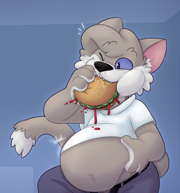 anthro belly big_belly blue_background blue_sclera burger clothing food male overweight shirt simple_background solo topwear white_clothing white_shirt white_topwear denaturedalbumin domestic_cat felid feline felis mammal 2021