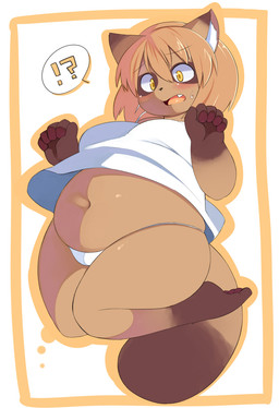 anthro belly big_belly brown_hair clothing deep_navel exclamation_point female hair interrobang navel overweight overweight_anthro overweight_female panties plantigrade question_mark simple_background solo surprised tail thick_thighs tight_clothing underwear yellow_eyes akitaka canid canine mammal raccoon_dog tanuki unavailable_at_source