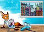 anthro bottomwear brush building city clothing duo eye_contact fur green_eyes grey_body grey_fur inner_ear_fluff inside looking_at_another orange_body orange_fur paint paintbrush pants purple_eyes shirt sitting topwear tuft window feverwildehopps disney zootopia judy_hopps nick_wilde canid canine fox lagomorph leporid mammal rabbit red_fox true_fox hi_res