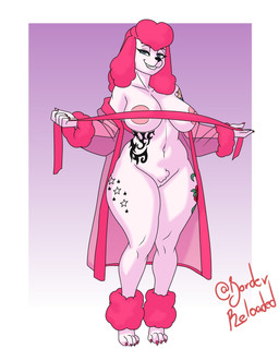 anthro belly_tattoo breasts censored_nipples clothing female fur genitals hair leg_tattoo pink_body pink_fur pink_hair robe robe_only smile smiling_at_viewer smirk smirking_at_viewer solo tattoo teasing thigh_tattoo translucent translucent_clothing vulva white_body borderreloaded gaby_(remaninglife) canid canine canis domestic_dog mammal poodle censored hi_res