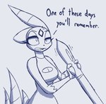 anthro breaking_the_fourth_wall cleavage_cutout clothed clothing comically_large_object comically_large_stylus cutout dialogue drawing_pen drawing_stylus drawn_over female forehead_gem gem humor lips pen solo stylus text r-mk nintendo pokemon arte_(r-mk) generation_2_pokemon pokemon_(species) sneasel 2023 blue_and_white english_text monochrome sketch