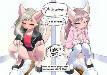anthro bathroom blonde_hair blue_eyes blush bodily_fluids brown_hair clothed clothing crouching duo embarrassed eyelashes fart feces female footwear genital_fluids grunting hair heart_symbol high_heels hoodie jacket leather leather_clothing leather_jacket leather_topwear long_hair pale_fur pantsless pink_clothing pink_hoodie pink_topwear pooping public_restroom red_clothing red_shirt red_topwear relieved shirt shoes socks sound_effects speech_bubble squat_toilet thought_bubble topwear urine unoroute domestic_cat felid feline felis mammal