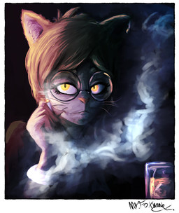 alcohol anthro beverage blonde_hair cigarette clothed clothing container cup drinking_glass eyewear female fur glass glass_container glass_cup glasses hair smoke smoking solo text yellow_eyes mr.foxman hitoner miss_tonerico domestic_cat felid feline felis mammal 2026 absurd_res artist_name digital_media_(artwork) hi_res