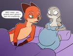 absurd_res anthro bed belly big_belly breasts canid canine clothed clothing disney duo english_text female fox fur furniture hi_res judy_hopps lagomorph leporid male mammal nick_wilde pregnant pregnant_anthro pregnant_female rabbit rabbitinafoxden red_fox simple_background speech_bubble text true_fox zootopia
