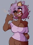 4_fingers anthro bodily_fluids bottomless bottomless_anthro bottomless_female breasts brown_body brown_fur cleavage clothed clothing drooling female fingers fluffy fluffy_hair fur hair hands_behind_back loose_shirt no_underwear one_eye_closed open_mouth pink_eyes purple_hair saliva sharp_teeth shirt shirt_only simple_background solo tail teeth tongue topwear topwear_only yawn miniscule_(minisculeiscool) bear mammal ursidae ursine 3:4 digital_media_(artwork) hi_res