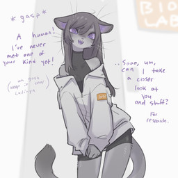 anthro big_eyes black_clothing black_hair black_skinsuit bottomwear breasts circle_eyebrows clothing collarbone dialogue exposed_shoulder eyebrows fangs female first_person_view fur grey_body grey_fur hair hands_together jacket leaning leaning_sideways long_hair long_neck looking_at_viewer off-shoulder_top open_mouth open_smile purple_eyes purple_mouth shorts simple_background skinsuit sleeveless_clothing slim small_breasts smile solo spandex spandex_shorts spats standing sweater talking_to_viewer tall teeth text tight_bottomwear tight_clothing tight_shorts topwear turtleneck whiskers white_clothing white_jacket white_topwear zipper tateoftot lulinya_(tateoftot) alien felid mammal 1:1 english_text hi_res