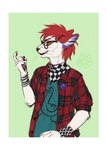 anthro badge border checkered clothed clothing eyewear female glasses headdress kerchief piercing shirt solo topwear white_border lostgoose fesha felid feline felis mammal 2021 hi_res