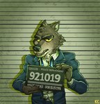 anthro clothing fur holding_object holding_sign imperial_unit jail_placard lidded_eyes looking_at_viewer male male_anthro measurements number numbered_tag placard police_lineup scene_interpretation sign solo station suit teeth text unit katxfish dreamworks the_bad_guys mr._wolf_(the_bad_guys) canid canine canis mammal wolf 2021 absurd_res english_text hi_res