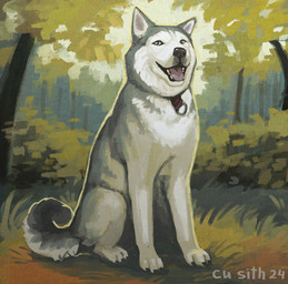 ambiguous_gender black_body black_claws black_fur breath claws curled_tail feral forest_background fur gradient_fur grass grey_body grey_fur highlights_(coloring) looking_at_viewer open_mouth panting plant solo tail tala_(hige10) teeth white_body white_fur kuarsith canid canine canis domestic_dog husky mammal nordic_sled_dog spitz 2024 digital_media_(artwork) digital_painting_(artwork) painting_(artwork) signature