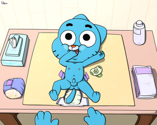 anthro balls blue_body blue_fur changing_table clothing diaper duo erection faceless_character faceless_male foreskin fur genitals lying male neonate on_back on_model open_diaper pacifier partially_retracted_foreskin penis solo_focus toony young young_anthro unistar cartoon_network the_amazing_world_of_gumball gumball_watterson domestic_cat felid feline felis mammal 2016 5:4 hi_res