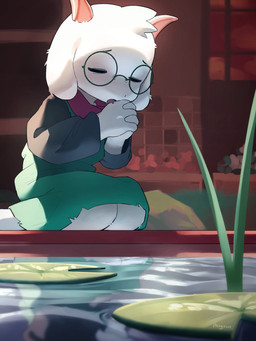 anthro black_sleeves clothed clothed_anthro clothing eyes_closed eyewear floppy_ears fully_clothed fully_clothed_anthro fur glasses green_clothing green_robe hands_together kneeling lily_pad lop_ears male plant praying robe round_glasses solo water white_body white_fur pungsun3497 deltarune undertale_(series) ralsei bovid caprine goat mammal 2026 hi_res