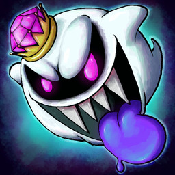 big_tongue black_sclera blue_background crown empty_eyes gem grey_mouth headgear looking_at_viewer male not_furry open_mouth open_smile pink_eyes pink_gem purple_tongue sharp_teeth simple_background smile smiling_at_viewer solo tail teeth three-quarter_view tongue white_body white_tail hogobrogh luigi's_mansion mario_bros nintendo king_boo boo_(mario) ghost spirit 1:1 2021 colored digital_media_(artwork) shaded