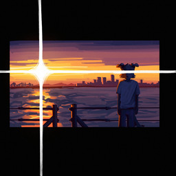 anthro atmospheric city city_skyline cityscape clothing evening fence light light_beam male sea shirt sky solo standing sun sunbeam sunlight sunset t-shirt topwear water yupdown canid canine canis domestic_dog mammal 1:1 hi_res