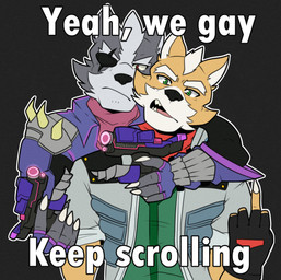 anthro claws clothing duo eye_patch eyewear front_view gesture gloves green_eyes gun hand_gesture handwear humor jacket looking_at_viewer male male/male middle_finger open_mouth ranged_weapon red_eyes simple_background standing stated_homosexuality stated_sexuality teeth text tongue topwear weapon raikarou nintendo star_fox yeah_we_gay_keep_scrolling fox_mccloud wolf_o'donnell canid canine canis fox mammal wolf 2019 absurd_res english_text hi_res meme
