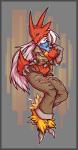 anthro blue_eyes blush border breasts clothed clothing female fur grey_border hair nipples non-mammal_breasts non-mammal_nipples simple_background solo torn_clothing misericorde nintendo pokemon avian bird blaziken generation_3_pokemon pokemon_(species) 2014