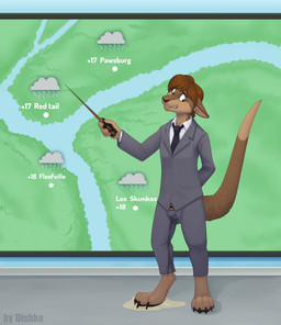 4_toes accident anthro barefoot black_pawpads bodily_fluids bulge claws clothing digitigrade feet formal_wear genital_fluids looking_down male male_peeing necktie nervous omorashi pawpads paws peeing solo suit sweat toe_claws toes urine weather_map wetting dishka ruby_roo kangaroo macropod mammal marsupial hi_res