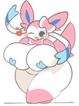 3_fingers 3_toes anthro big_breasts biped black_eyes blush bow_(feature) bow_tie breasts eyelashes featureless_breasts featureless_crotch feet female fingers front_view gloves_(marking) heart_symbol holding_breast huge_breasts leg_markings markings multicolored_body nude nude_female one_eye_closed open_mouth open_smile pink_body pink_tail pokemorph simple_background smile socks_(marking) solo standing tail thick_thighs toes white_background white_body wide_hips white_slime_(artist) nintendo pokemon eeveelution generation_6_pokemon mammal pokemon_(species) sylveon 2024 digital_drawing_(artwork) digital_media_(artwork) hi_res