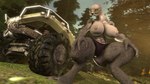 abs big_breasts breasts car clothed clothing exposed_breasts female forest grey_body grey_skin hands_on_knees hands_on_legs looking_at_viewer panties panties_only plant solo thick_thighs topless tree underwear underwear_only vehicle warthog_vehicle_(halo) yellow_eyes kasdaq halo_(series) microsoft xbox_game_studios alien humanoid sangheili 3d_(artwork) digital_media_(artwork)