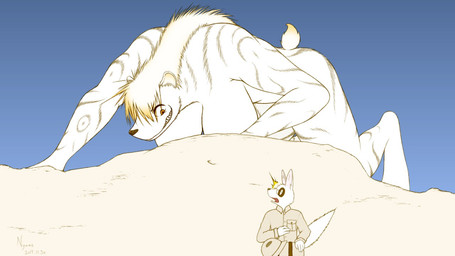 anthro big_breasts breasts duo female fur kemono male mischievous_smile nude white_body white_fur nyuas hyena mammal 16:9 2018 widescreen