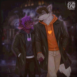4_horns 5_fingers anthro barbell black_bottomwear black_claws black_clothing black_eyewear black_glasses black_jeans black_nose black_pants black_raincoat blue_clothing blue_hoodie blue_topwear bottomwear bovid_horn brown_body brown_fur brown_hair caprine_horn cheek_tuft claws clothing coat couples denim denim_bottomwear denim_clothing detailed_background duo ear_piercing eyebrow_slit eyebrows eyewear facial_hair facial_tuft fangs fingers fluffy_ears fur fur_tuft glasses goat_horn goatee grey_body grey_fur hair hands_together happy heart_symbol hoodie hooved_fingers hooves horn jeans lights love male male/male mane mexico mexico_city multi_horn multicolored_body multicolored_fur mustache neck_tuft night open_mouth orange_clothing orange_heart orange_hoodie orange_topwear pants piercing pink_nose purple_hair purple_heart raincoat raining ram_horn shadow sheep_ears size_difference smile tail tan_bottomwear tan_clothing tan_pants teeth topwear tuft two_tone_body two_tone_fur wolf_tail wrinkles_in_clothes brunisdraws brunis_(brunisdraws) redrich_(brunisdraws) bovid canid canine canis caprine hybrid mammal mexican_wolf sheep-goat wolf 1:1 2026 colored_line_art detailed full-length_portrait hi_res portrait shaded signature