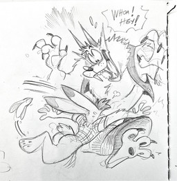anthro banana_peel bodily_fluids bottomless bottomwear butt claws clothed clothing cotton_tail dialogue duo face_on_belly fangs fur hair male male/male pants pawpads paws pointy_ears sharp_teeth slipping speech_bubble surprised sweat sweatdrop teeth topwear vest piti_yindee billy_buns hank_howell_(piti_yindee) canid canine canis lagomorph leporid mammal rabbit wolf 2025 graphite_(artwork) hi_res sketch traditional_media_(artwork)