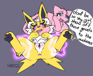 after_transformation anus blush blush_lines body_blush dialogue duo embarrassed fangs female feral flustered gender_transformation genitals mtf_transformation multi_nipple nipples simple_background speech_bubble spiral spiral_eyes spread_legs spreading talking_to_another teats teeth telekinesis text transformation vulva vulva_blush nulloffset nintendo pokemon lilith_(nulloffset) lori_(nulloffset) eeveelution generation_1_pokemon jolteon legendary_pokemon mew_(pokemon) pokemon_(species) english_text hi_res