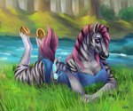 anthro biped breasts detailed_background eyewear female fur glasses grass holding_eyewear holding_glasses holding_object hooves outside plant smile solo striped_body striped_fur stripes tree water lora_mclaren equid equine mammal zebra 2021 6:5 absurd_res hi_res