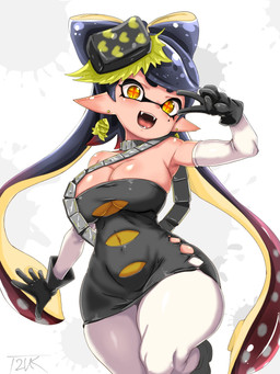 big_breasts breasts clothing dress ear_piercing eyebrows fangs female gesture glistening glistening_breasts gloves hand_gesture handwear humanoid_pointy_ears mole_under_eye open_mouth open_smile piercing pointy_ears pseudo_hair smile solo teeth tentacle_hair tentacles v_sign wide_hips yellow_eyes t2ukmyjm nintendo splatoon callie_(splatoon) animal_humanoid aquatic cephalopod humanoid inkling mollusk mollusk_humanoid 2026 3:4 hi_res