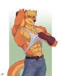 abs anthro belt biceps black_eyes bottomwear clothed clothing denim denim_bottomwear denim_clothing fur jeans male muscular muscular_anthro muscular_male orange_body orange_fur pants pecs presenting_armpit raised_clothing raised_shirt raised_tank_top raised_topwear shirt solo standing tank_top topwear yellow_body yellow_fur yellow_sclera coffeline canid canine fox mammal hi_res